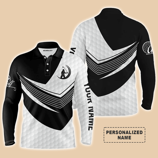 Custom Golf Long Sleeve Men Polo Shirt - Custom Name Black And White Golf Balls Skin Apparel Men Polo Shirt - Personalized Gift For Men, Golf Lover