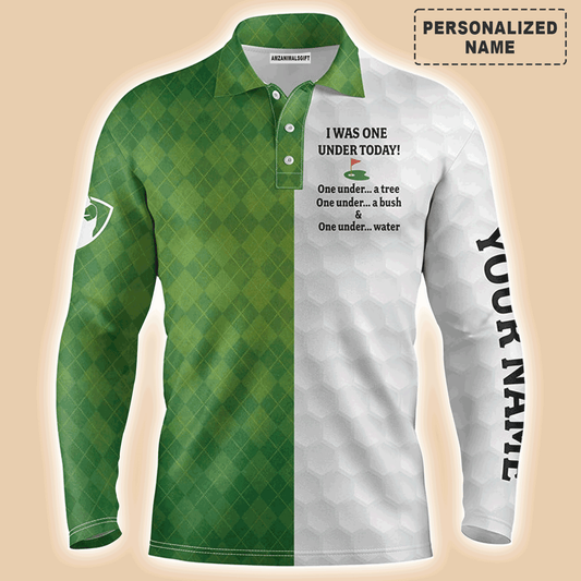Custom Golf Long Sleeve Men Polo Shirt- Custom Name Green White Argyle Pattern Apparel, I Was One Under Today Polo Shirt For Men, Golf Lover