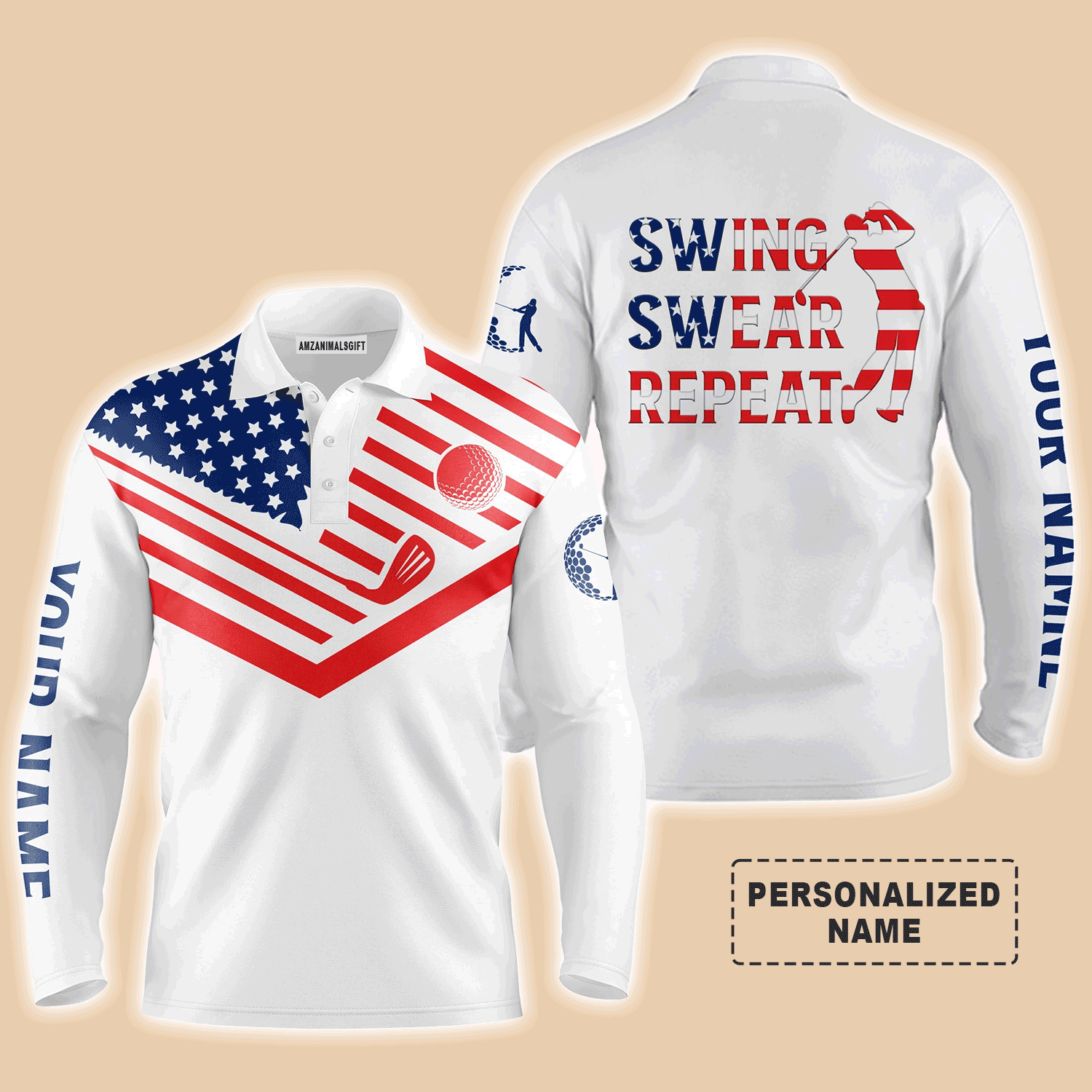 Custom Golf Long Sleeve Men Polo Shirt- American Flag 4th July , Swing Swear Repeat Men Polo Shirt - Perfect Polo Shirt For Men, Golf Lover