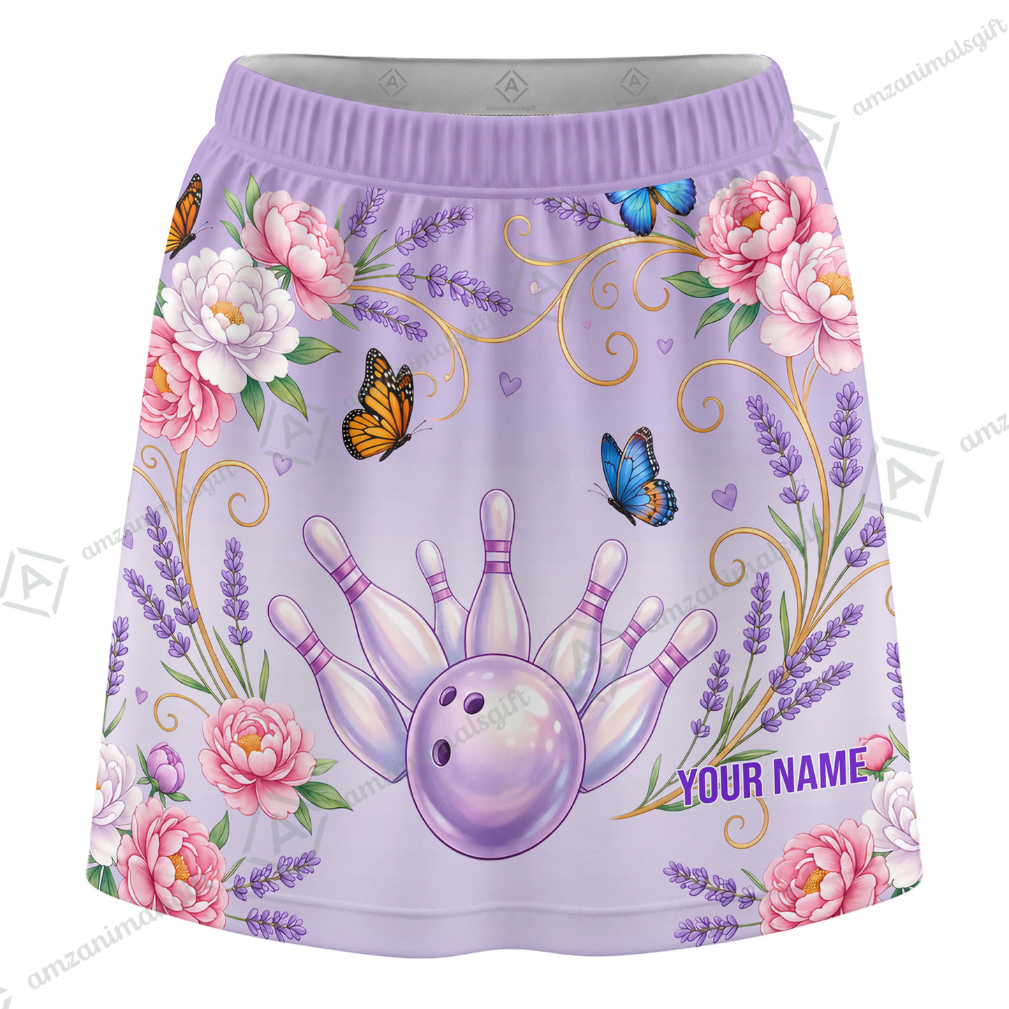 Customized Bowling Trouser Skirts With Shorts Underneath, Bowling Butterfly And Floral Scroll With Pockets