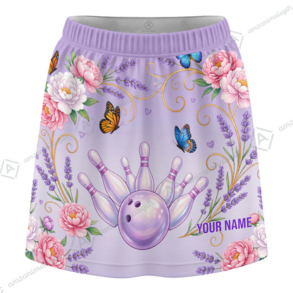 Customized Bowling Trouser Skirts With Shorts Underneath, Bowling Butterfly And Floral Scroll With Pockets