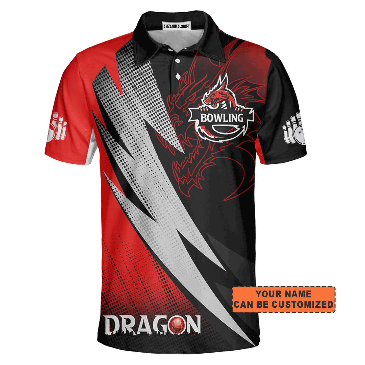 Customized Bowling Jersey Shirt, Personalized Name Dragon Team Red Bowling Ball On Fire Polo Shirt For Men - Perfect Gift For Bowling Lovers
