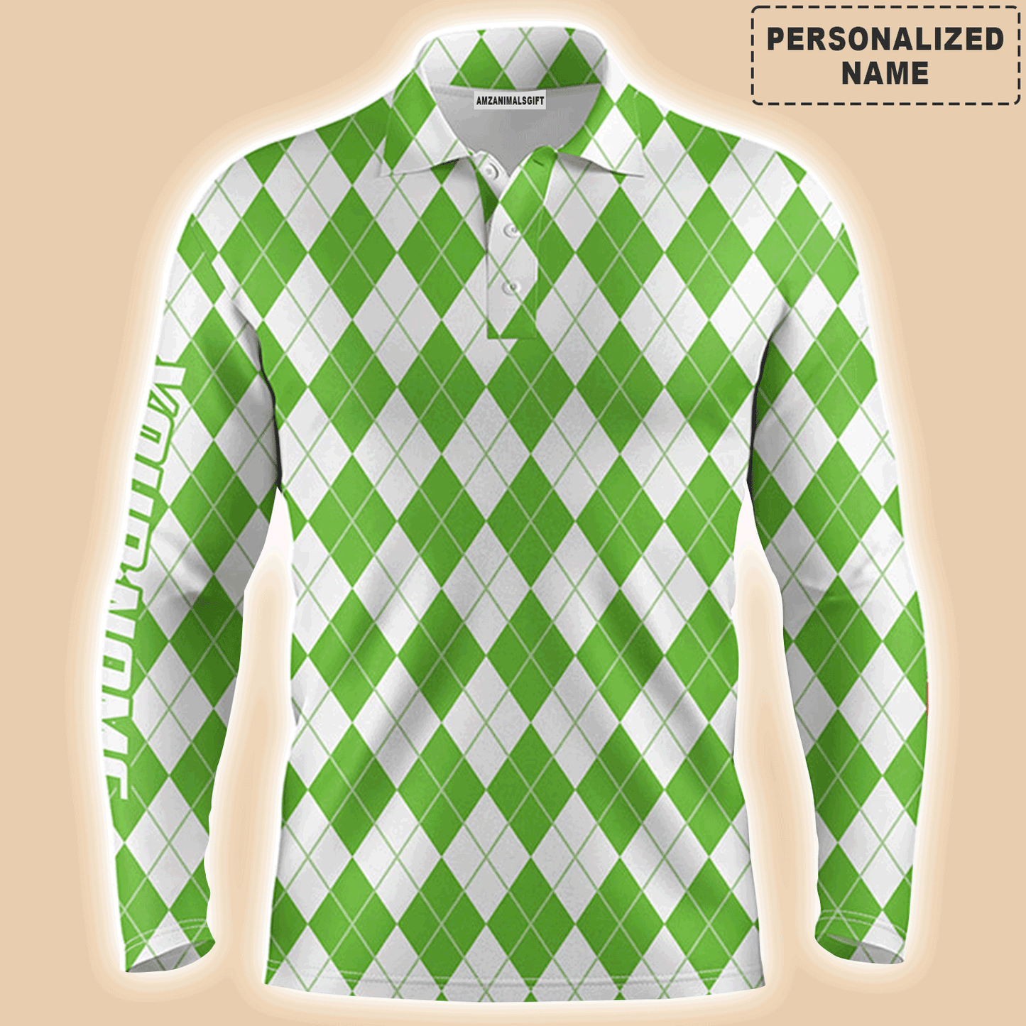 Custom Golf Long Sleeve Men Polo Shirt - Christmas Plaid Green And White Argyle Pattern Custom Name Polo Shirt For men, Golf Lover