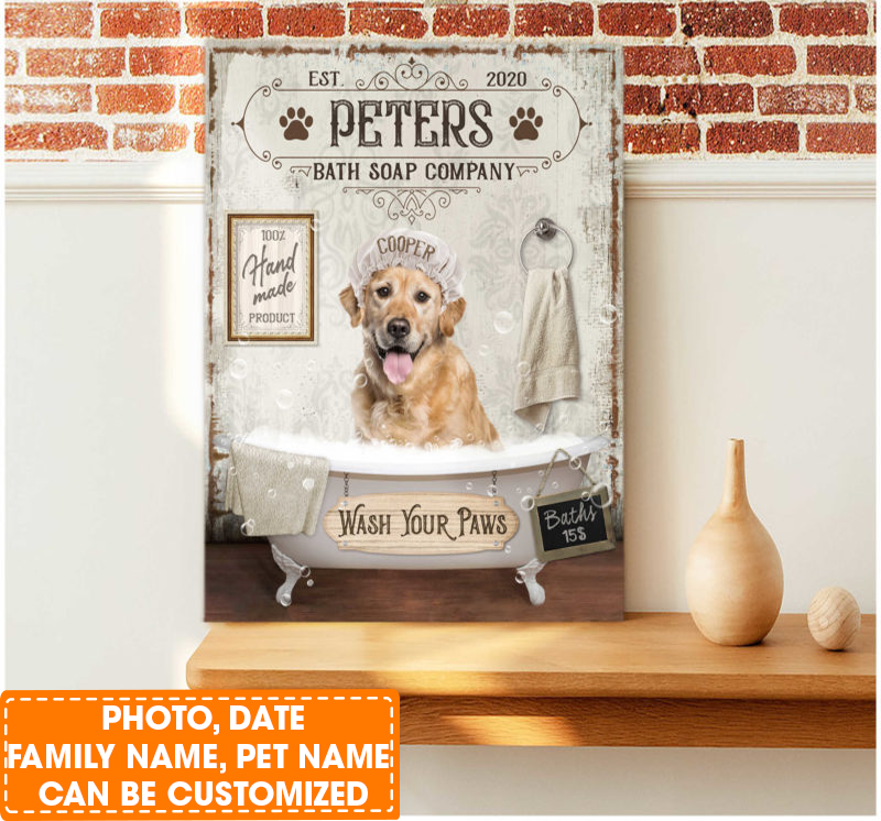 Personalized Dog Portrait Canvas, Custom Pet Photo Wash Your Paws Bathtub Cute Pet Dog Lover Canvas, Perfect Gift For Dog Lovers, Friend, Family