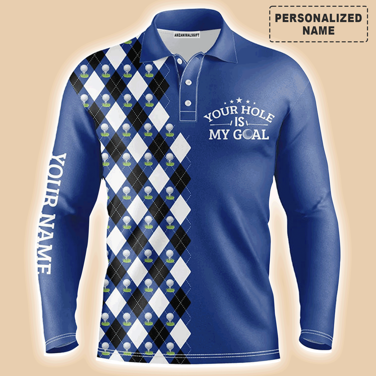 Custom Golf Long Sleeve Men Polo Shirt- Blue Argyle Pattern Your Hole Is My Goal Golf Polo Shirt- Perfect Gift For Men, Golf Lover