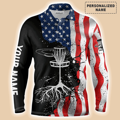 Custom Golf Long Sleeve Men Polo Shirt - Custom Name Vintage American Flag Apparel - Personalized Gift For Men, Disc Golf Lover