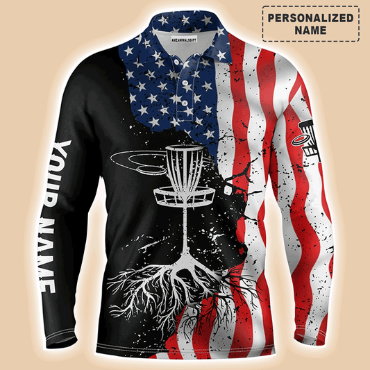 Custom Golf Long Sleeve Men Polo Shirt - Custom Name Vintage American Flag Apparel - Personalized Gift For Men, Disc Golf Lover