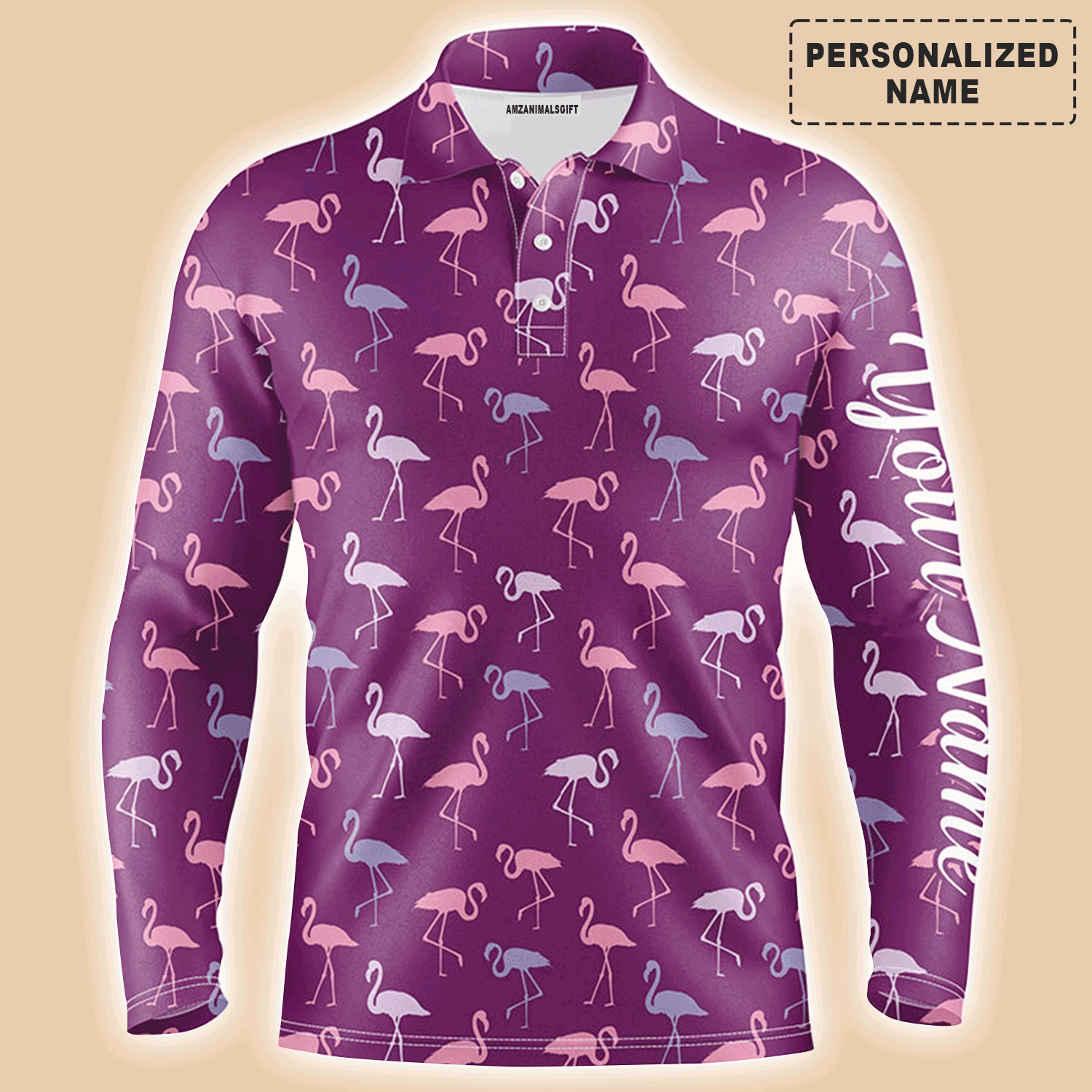 Custom Golf Long Sleeve Men Polo Shirt - Custom Name Flamingos Birds Pattern Tropical Purple Apparel - Personalized Gift For Men, Golf Lover