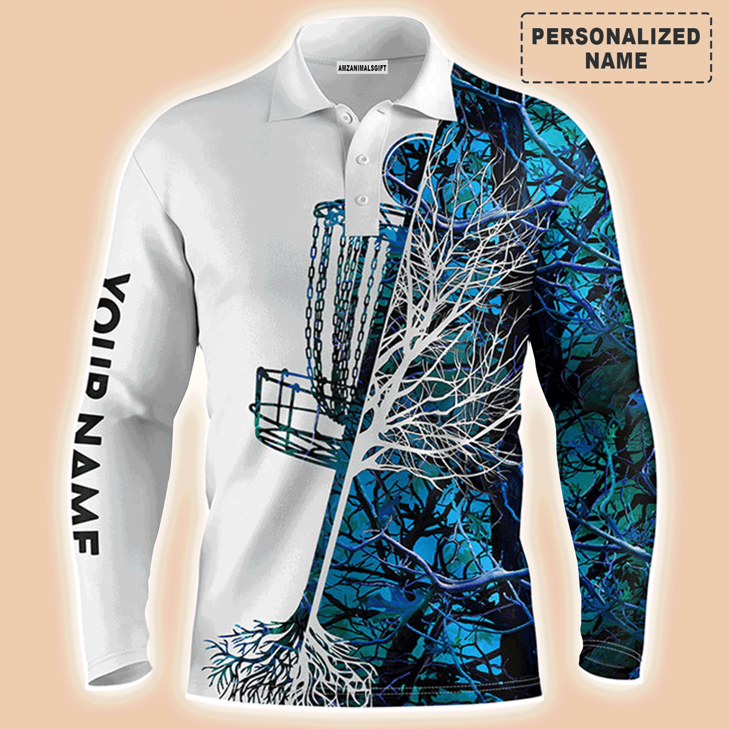 Custom Disc Golf Long Sleeve Men Polo Shirt, Custom Name Blue Camo Basket Apparel - Perfect Gift For Men, Golf Disc Lover