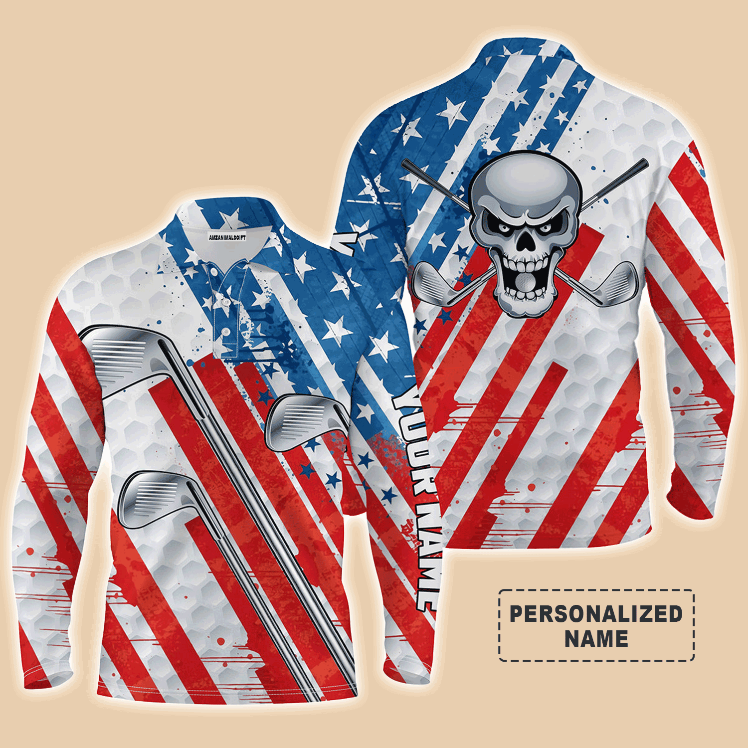 Custom Golf Long Sleeve Men Polo Shirt, Custom Name American Flag Skull Patriotic Golf Clubs Apparel - Perfect Gift For Men, Golf Lovers