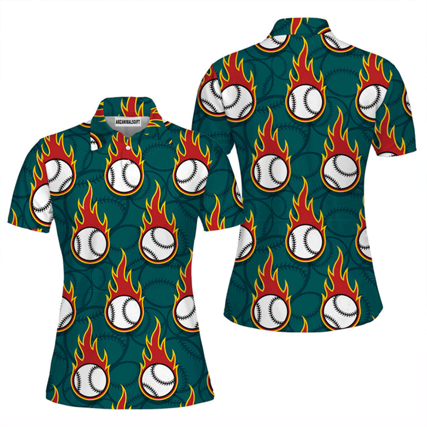 Baseball Women Polo Shirt, Flaming Baseball Ball Polo Shirt For Women, Perfect Polo Shirt For Baseball Lovers