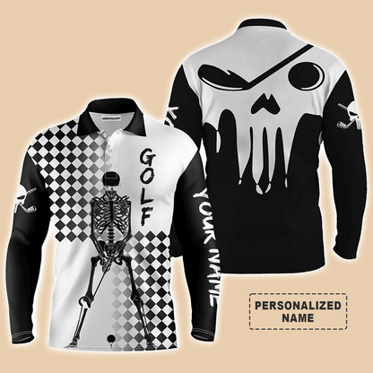 Custom Golf Long Sleeve Men Polo Shirt- Custom Name Black And White Skull Apparel - Personalized Gift For Men, Golf Lover