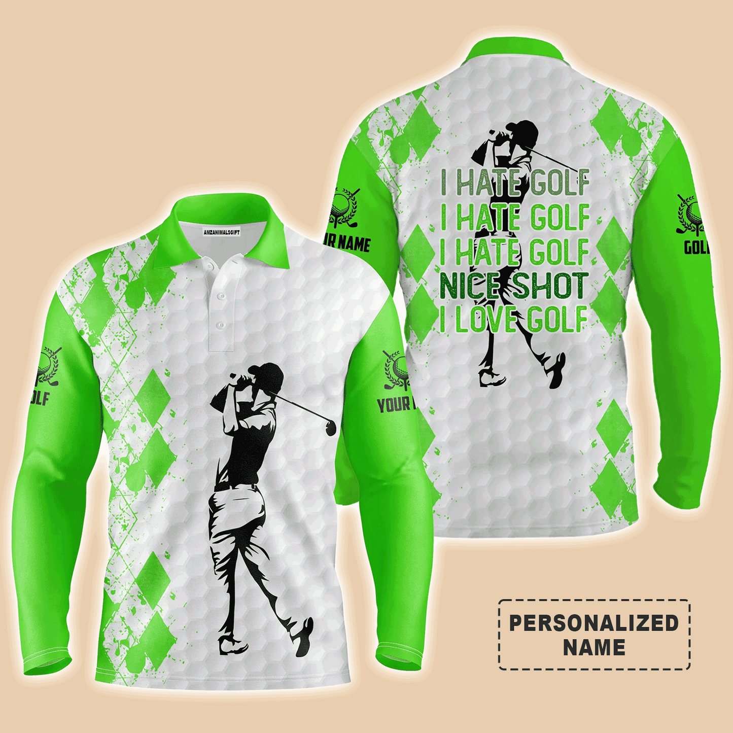 Custom Golf Long Sleeve Men Polo Shirt - Funny Custom Name Multicolor Apparel - I Hate Golf Nice Shot I Love Golf Gift For Men Golf Lover