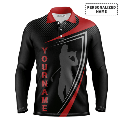 Custom Golf Long Sleeve Men Polo Shirt - Red And Black Golfer Silhouette Custom Name Apparel - Personalized Gift For Men, Golf Lover