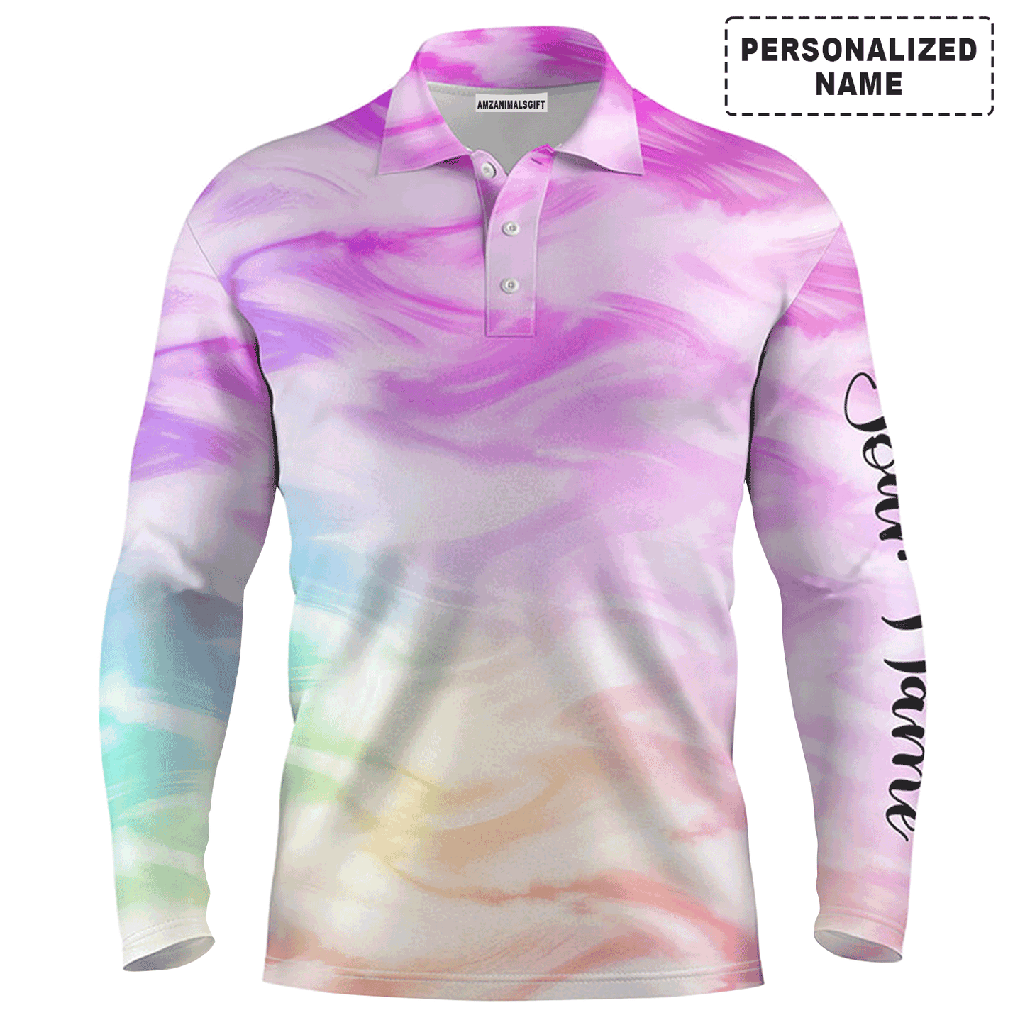 Custom Golf Long Sleeve Men Polo Shirt - Colorful Watercolor Paint Pattern Custom Name Apparel - Personalized Gift For Men, Golf Lover