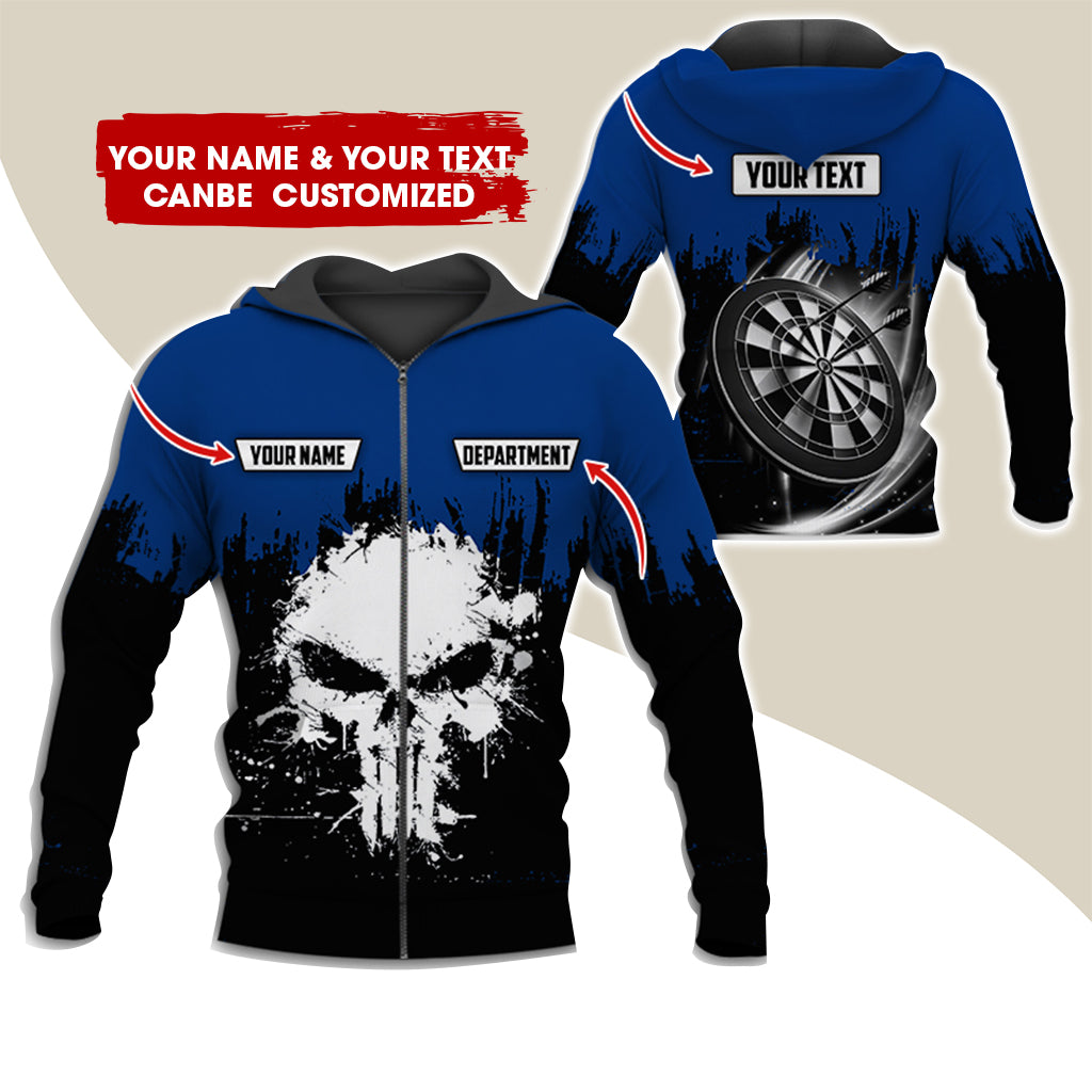 Personalized Name & Text Darts Premium Zip Hoodie, Customized Skull Dartboard Team Zip Hoodie For Men & Women - Gift For Darts Lovers, Darts Players