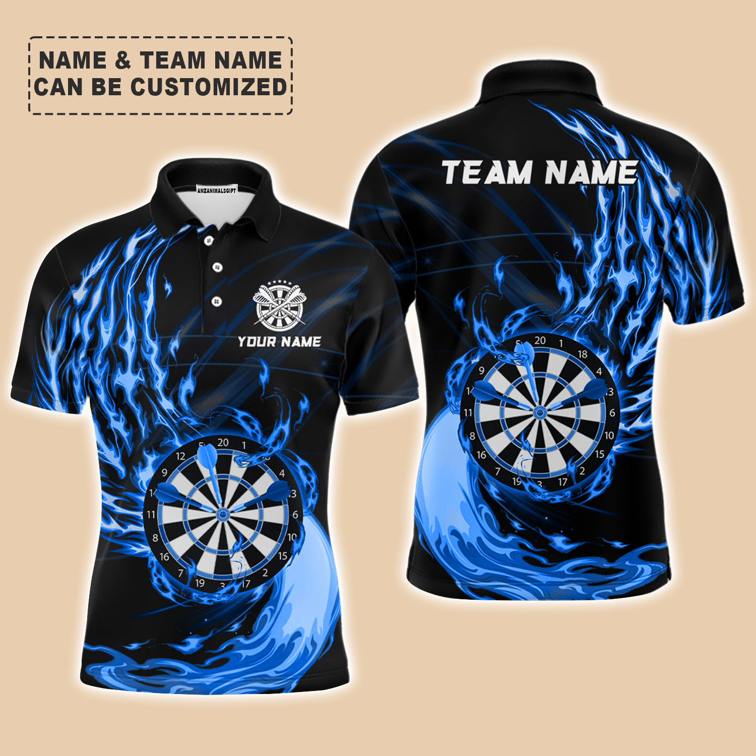 Personalized Darts Men Polo Shirt - Custom Name & Team Name Dart Blue Fire Dartboard Polo Shirt For Men, Darts Team, Darts Lover