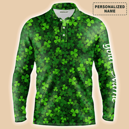 Custom Golf Long Sleeve Men Polo Shirt, Custom Name Green Clover St Patrick's Day Apparel - Personalized Gift For Men, Golf Lover