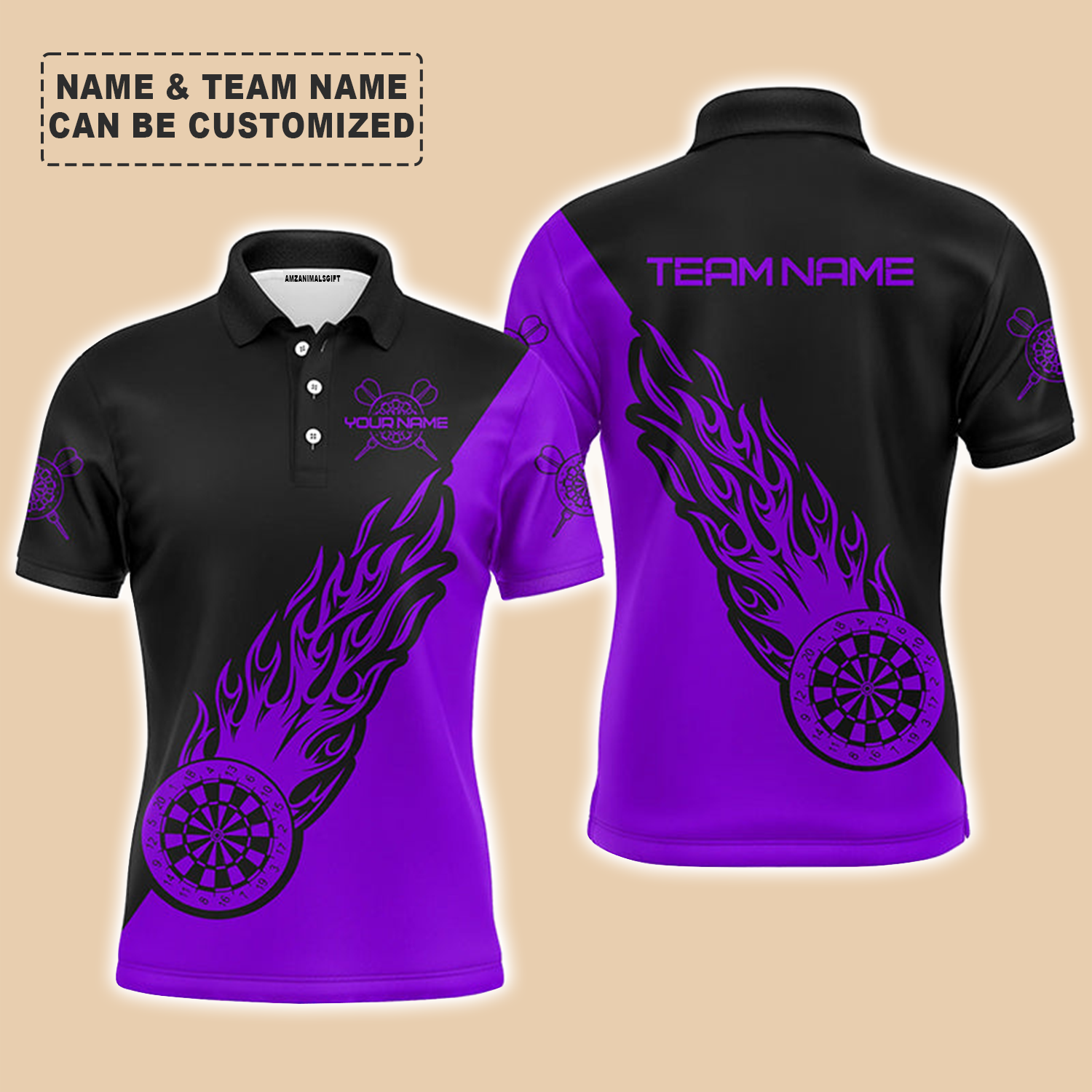 Personalized Darts Men Polo Shirt - Custom Name & Team Name Purple Black Flame Polo Shirt For Men, Darts Team, Darts Lover