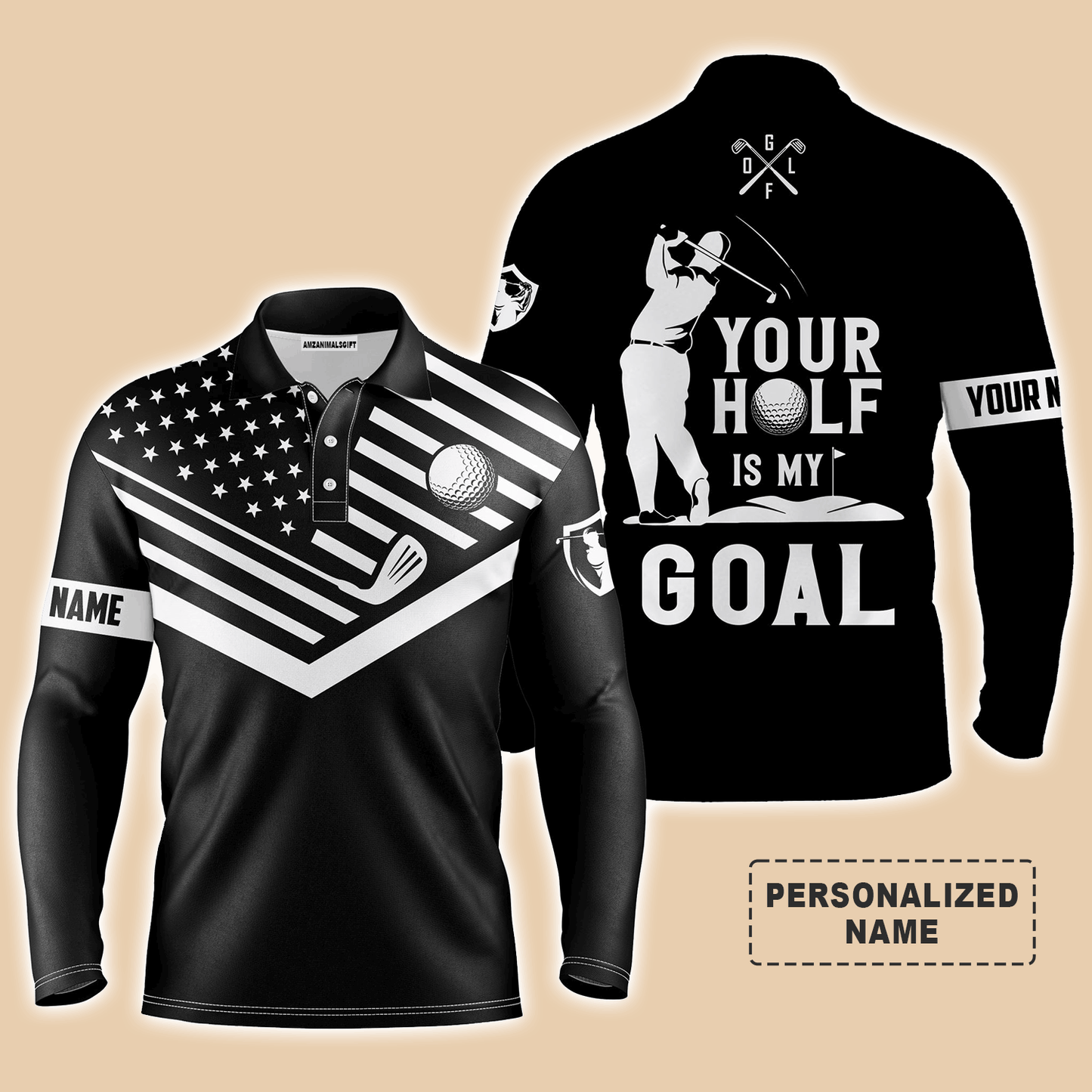 Custom Golf Long Sleeve Men Polo Shirt - Your Hole Is My Goal Custom Name Black American Flag Men Polo Shirt For Golf Lover