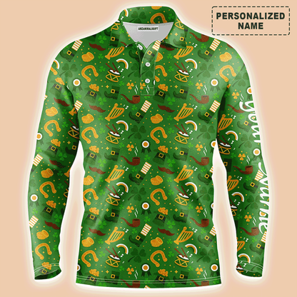 Custom Golf Long Sleeve Men Polo Shirt-Saint Patrick's Day Green Pattern Custom Name Apparel-Personalized Gift For Men, Golf Lover