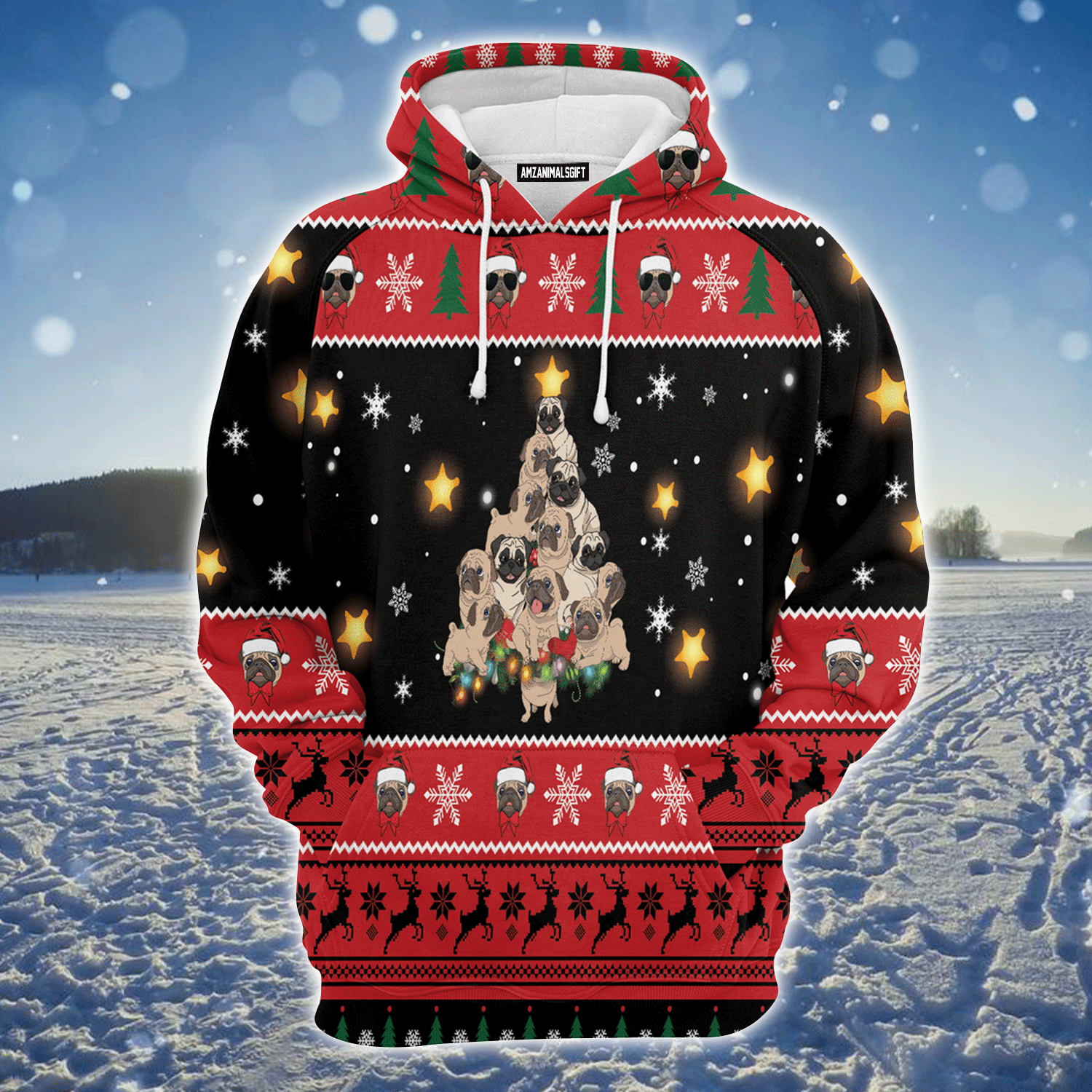 Pug Premium Christmas Hoodie, Pug Christmas Tree Christmas Unisex Hoodie For Men & Women - Perfect Gift For Pug Lovers,Christmas, Friends, Family