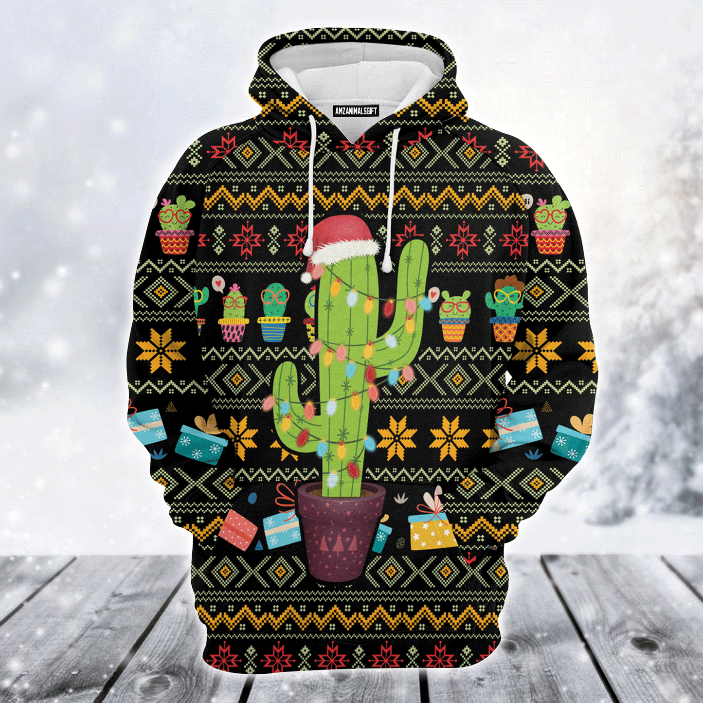 Cactus Premium Christmas Hoodie, Cactus Light Xmas Christmas Unisex Hoodie For Men & Women - Perfect Gift For Christmas, Friends, Family