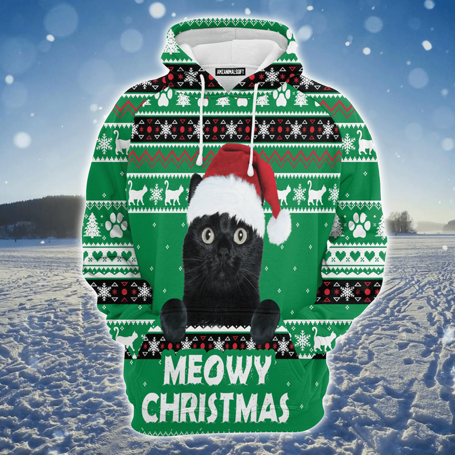 Black Cat Premium Christmas Hoodie, Meowy Black Cat Christmas Unisex Hoodie For Men & Women - Perfect Gift For Christmas, Black Cat Lovers