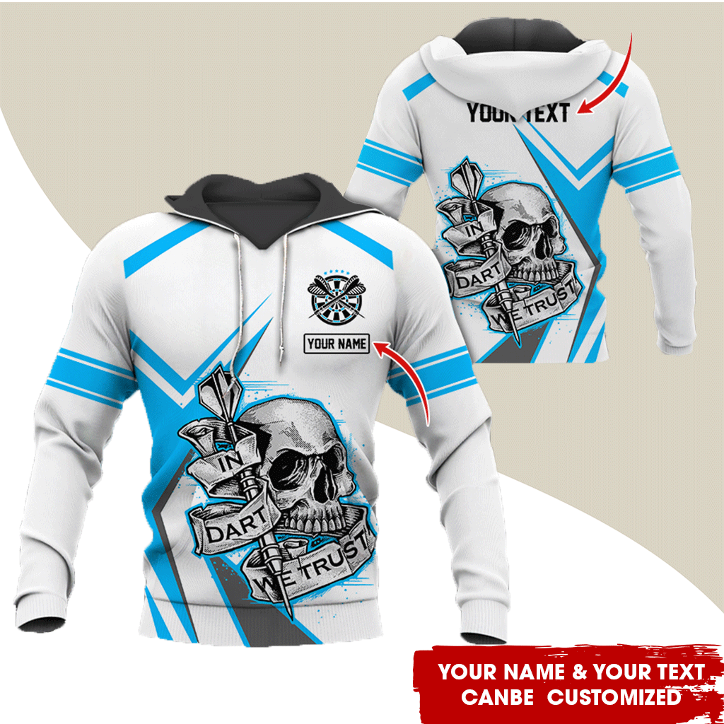 Customized Name & Text Darts Skull Premium Hoodie, In Darts We Trust White Hoodie For Men & Woman, Perfect Gift For Darts Lovers, Darts Player
