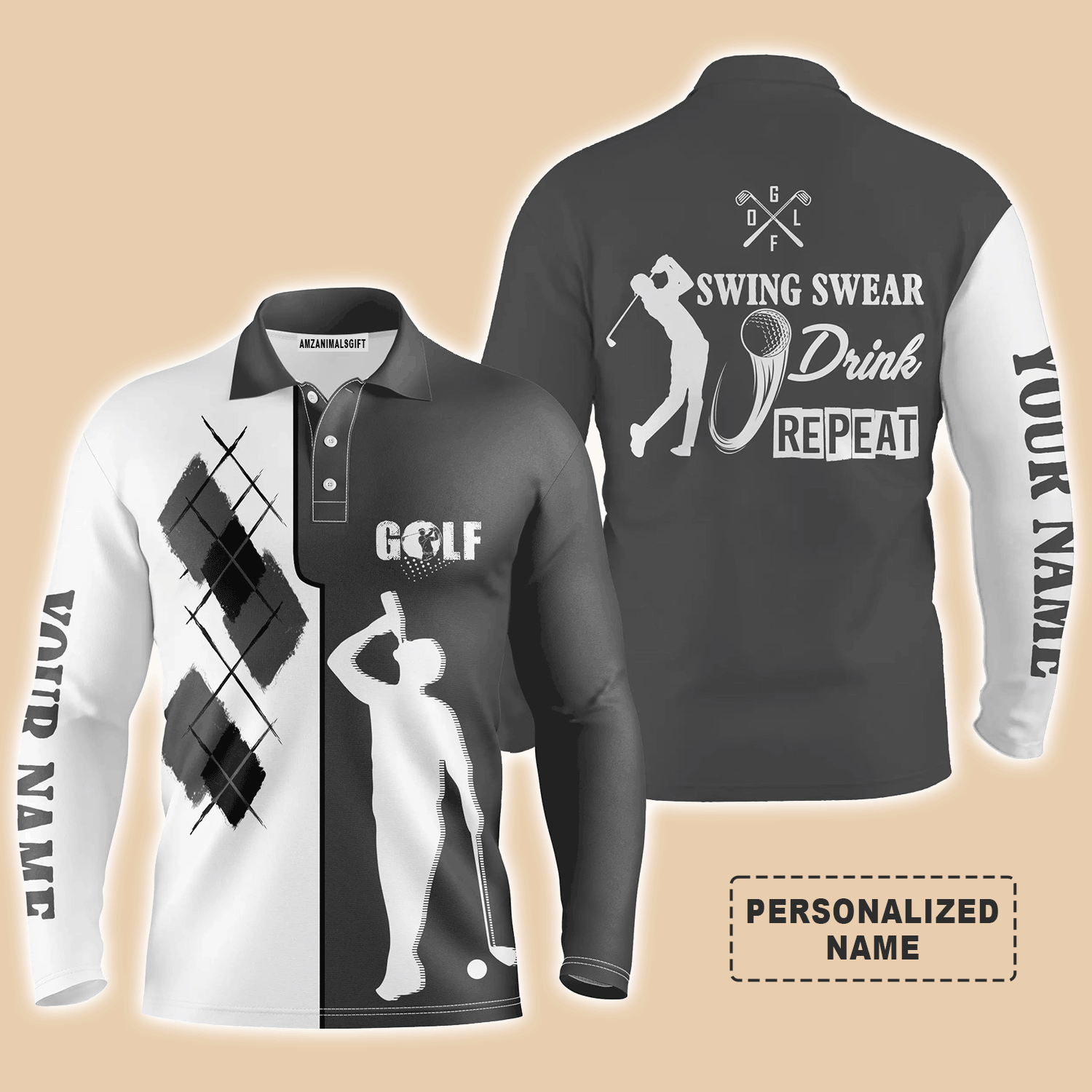 Custom Golf Long Sleeve Men Polo Shirt - Custom Name Black White Apparel, Swing Swear Drink Repeat Men Golf Polo Shirt- Perfect Polo Shirt For Men