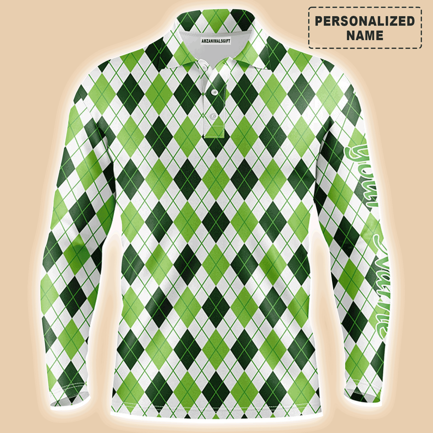 Custom Golf Long Sleeve Men Polo Shirt, Custom Name Green Argyle St Patrick's Day Pattern Apparel - Perfect Gift For Men, Golf Lover