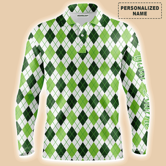 Custom Golf Long Sleeve Men Polo Shirt, Custom Name Green Argyle St Patrick's Day Pattern Apparel - Perfect Gift For Men, Golf Lover
