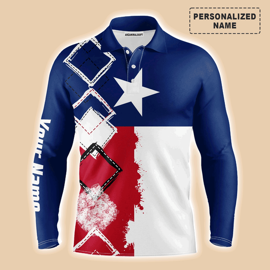 Custom Golf Long Sleeve Men Polo Shirt - Texas Flag Patriot Custom Name Apparel Men Golf Polo Shirt - Personalized Gift For Golf Lover, Team