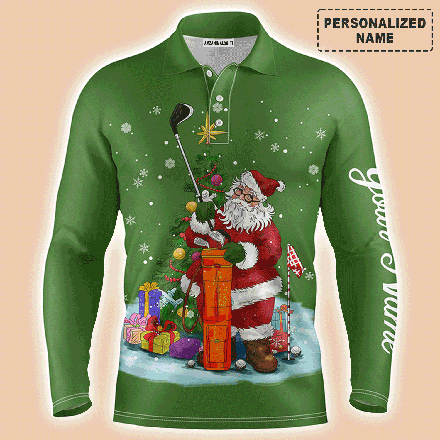 Custom Golf Long Sleeve Men Polo Shirt - Christmas Custom Name, Santa Golfer Apparel - Personalized Gift For Men, Golf Lover