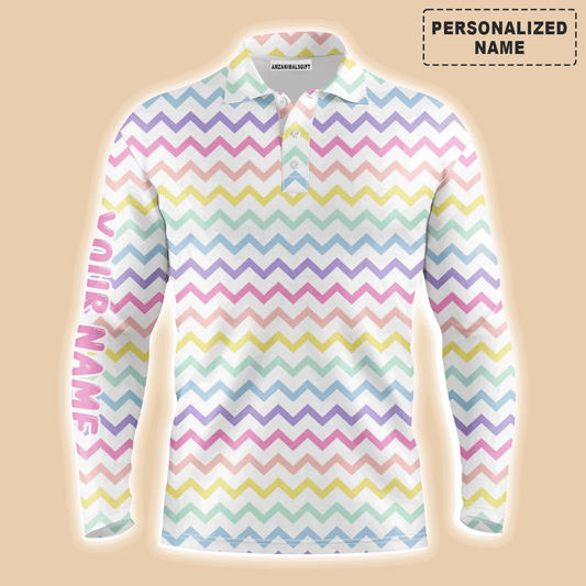 Custom Golf Long Sleeve Men Polo Shirt - Custom Name Rainbow Colors Pattern Apparel - Personalized Gift For Golf Lover, Team, Husband, Boyfriend, Men