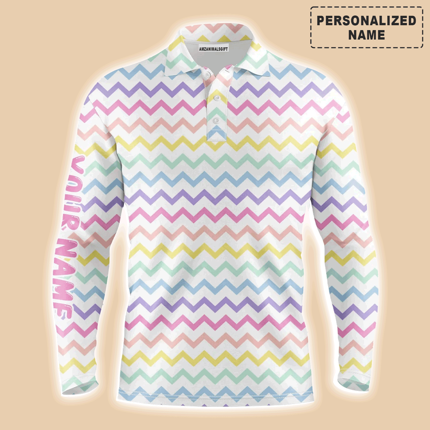 Custom Golf Long Sleeve Men Polo Shirt - Custom Name Rainbow Colors Pattern Apparel - Personalized Gift For Golf Lover, Team, Husband, Boyfriend, Men