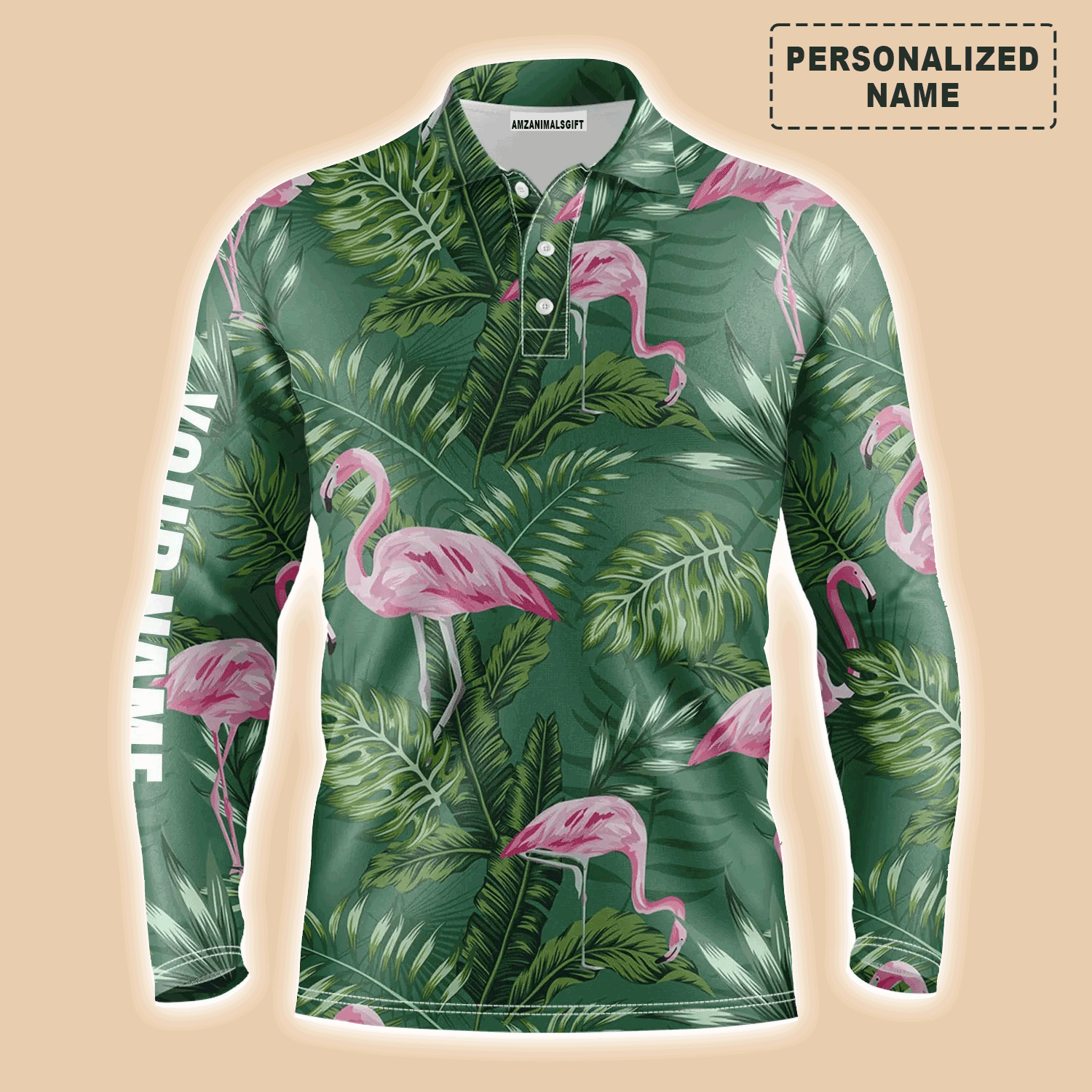 Custom Golf Long Sleeve Men Polo Shirt - Green Tropical Plants Monstera Flamingo Custom Name Apparel - Personalized Gift For Men, Golf Lover