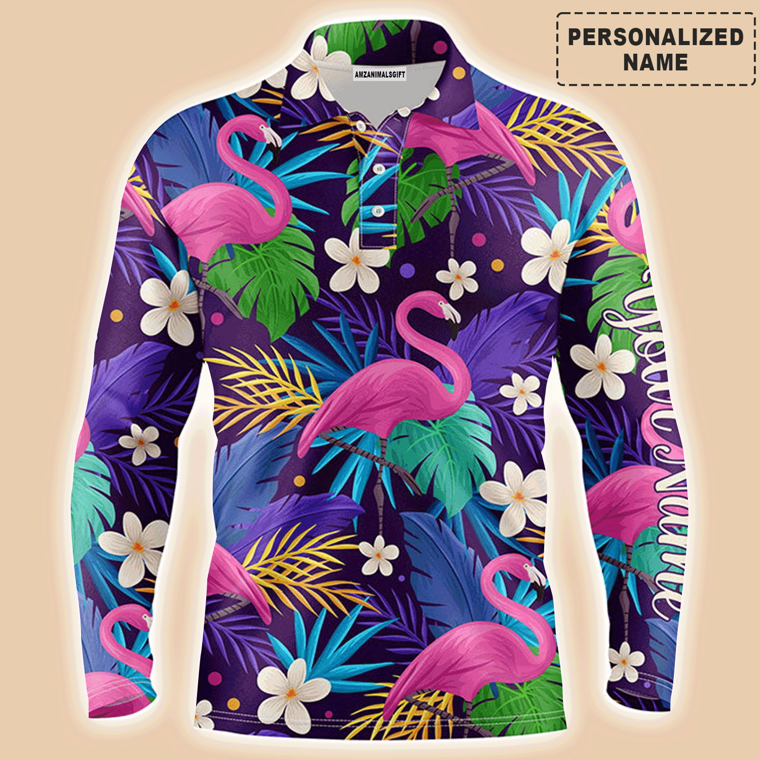Custom Golf Long Sleeve Men Polo Shirt - Custom Name Colorful Floral Flamingo Pattern Tropical Leaves Apparel For Men, Golf Lover