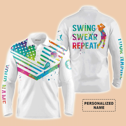 Custom Golf Long Sleeve Men Polo Shirt, Custom Name Watercolor American Flag Swing Swear Repeat Apparel - Perfect Gift For Men, Golf Lover