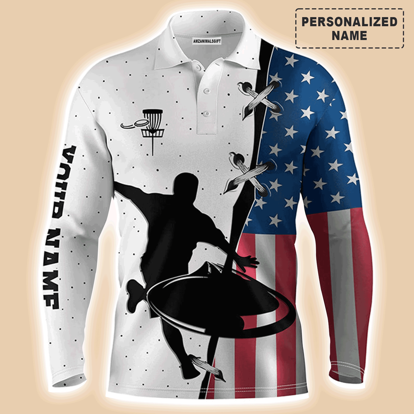 Custom Disc Golf Long Sleeve Men Polo Shirt - Custom Name American Flag Apparel - Personalized Gift For Men, Disc Golf Lover