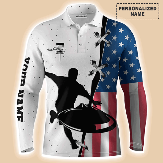 Custom Disc Golf Long Sleeve Men Polo Shirt - Custom Name American Flag Apparel - Personalized Gift For Men, Disc Golf Lover