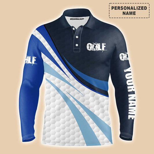 Custom Golf Long Sleeve Men Polo Shirt - Blue And White Golf Balls Custom Name Apparel Men Polo Shirt - Personalized Gift For Golf Lover, Team, Golfer