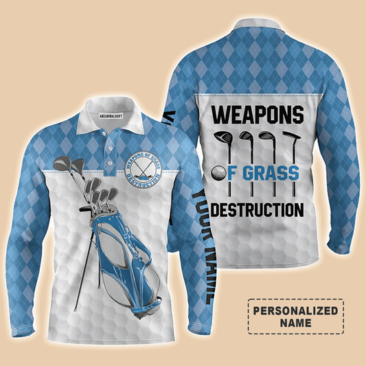 Custom Golf Long Sleeve Men Polo Shirt - Golf Bag Clubs Custom Name Apparel - Weapons Of Grass Destruction - Personalized Gift For Men, Golf Lover