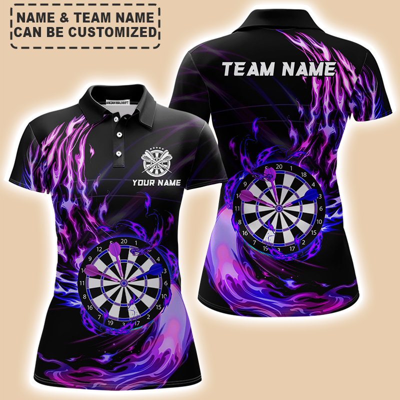 Personalized Darts Women Polo Shirt - Custom Name & Team Name Darts Purple Fire Polo Shirt For Women, Darts Team, Darts Lover