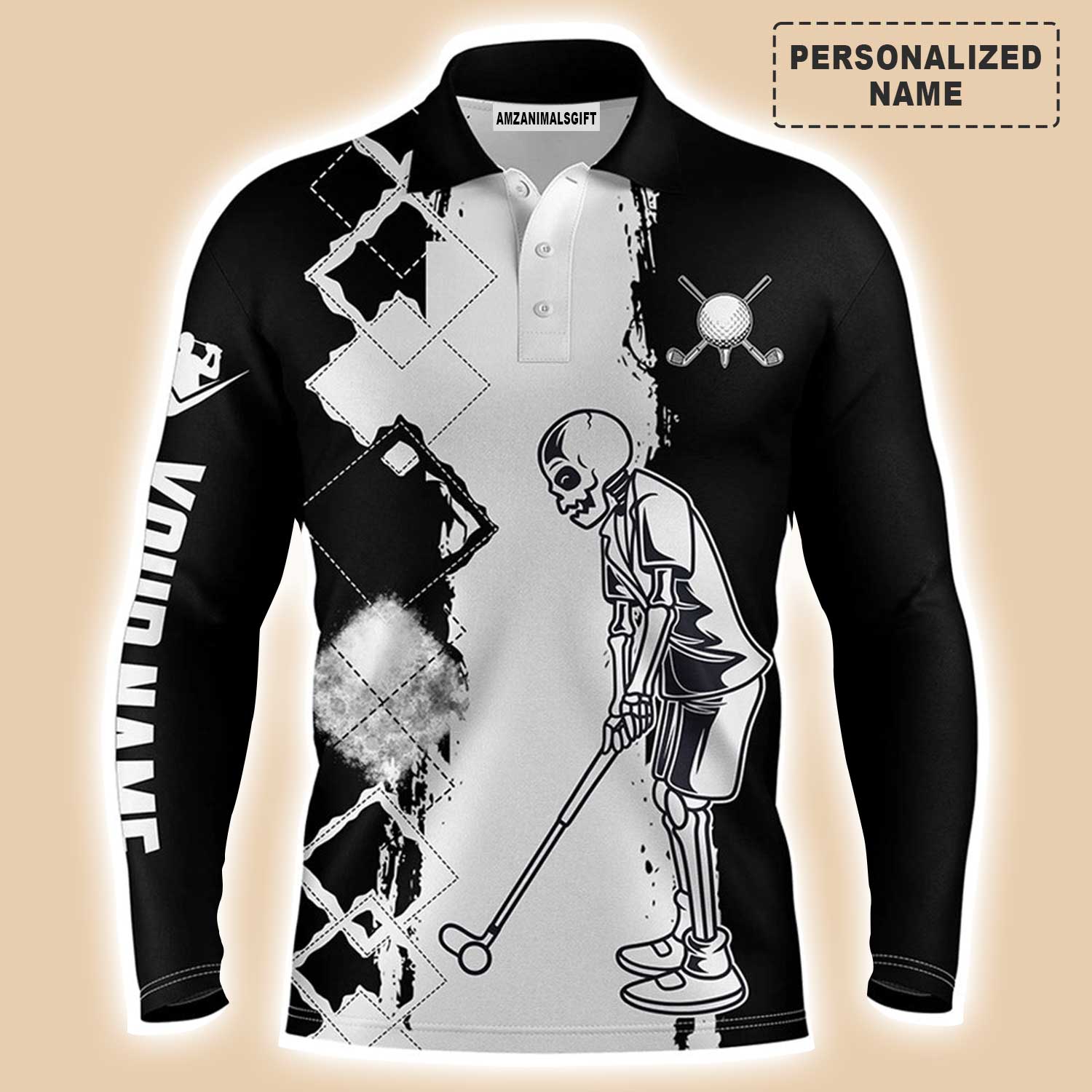 Custom Golf Long Sleeve Men Polo Shirt - Black And White Mens Skull Golfing Custom Name Apparel - Personalized Gift For Golf Lover, Team, Golfer
