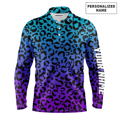 Custom Golf Long Sleeve Men Polo Shirt - Custom Name Blue Purple Neon Leopard Pattern Apparel Men Polo Shirt -  Gift For Men, Golf Lover