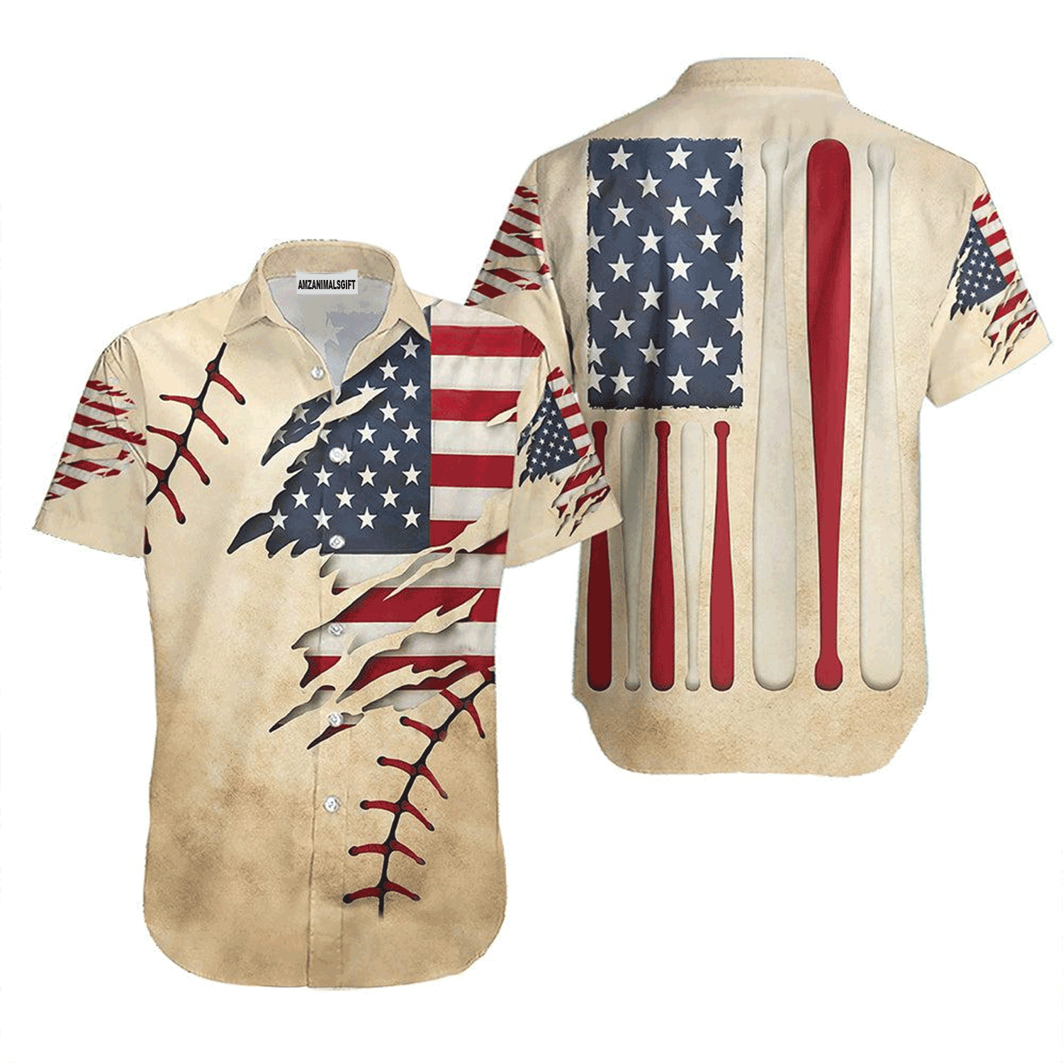 Baseball Hawaiian Shirt, Vintage American Baseball Bat Flag Hawaiian Shirt For Men & Woman, Perfect Gift For Baseball Lovers