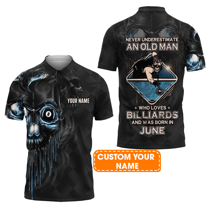 Customized Billiard Men Polo Shirts - Pool 8 Ball Never Underestimate An Old Man And Was Born In June Personalized Polo Shirt - Gift For Billiard Lovers