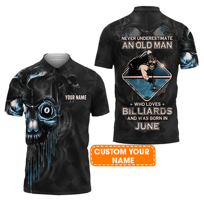 Customized Billiard Men Polo Shirts - Pool 8 Ball Never Underestimate An Old Man And Was Born In June Personalized Polo Shirt - Gift For Billiard Lovers
