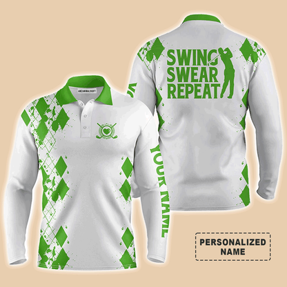 Custom Golf Long Sleeve Men Polo Shirt -Argyle Pattern Custom Name Apparel, Swing Swear Repeat Men Golf Polo Shirt-Perfect Polo Shirt For Men, Golfers